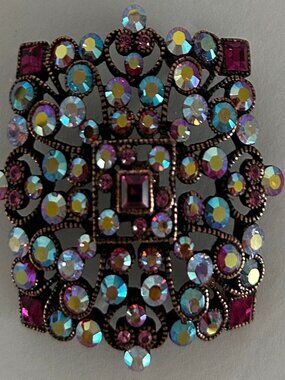 Vintage Joan Rivers Aurora Borealis Rhinestone Brooch / Pin SQUARE Pink/Ple